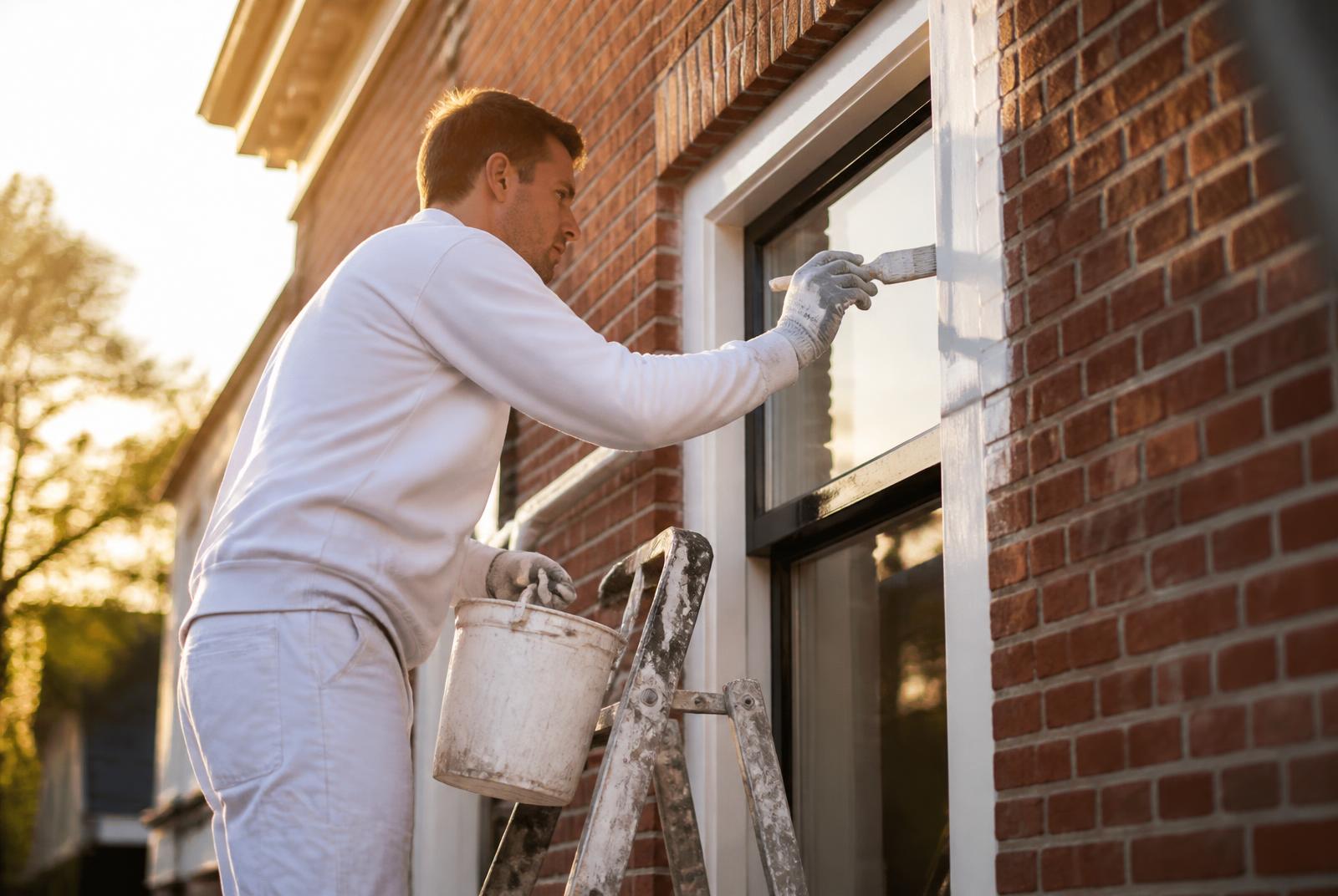 Schilder aan het werk aan een kozijn van een woning in Schoorl